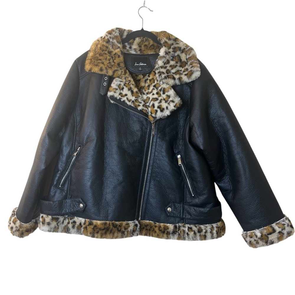Sam Edelman Black Faux Leather Jacket with Leopard-Print Faux-Fur Trim Sz 1X